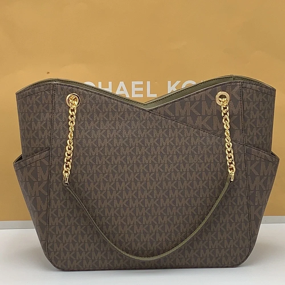 MICHAEL KORS Jet Set Large XChain Logo Shoulder Tote Bag OLIVE/BROWN COLOR